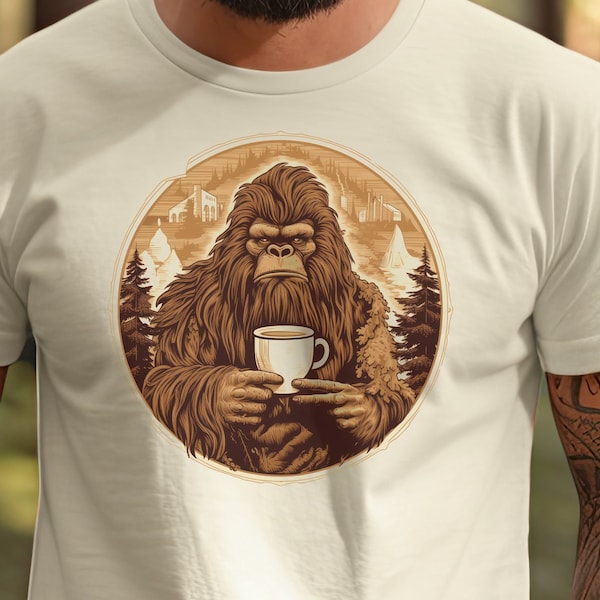 Sasquatch necesita su café / Camisa Vintage Bigfoot / Camisa divertida para acampar / Pie grande tomando café / Camisas para hombres / Camiseta sarcástica divertida