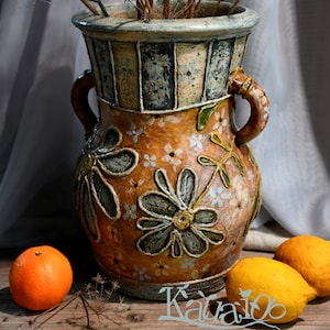 NOW SOLD! - Example only | Hand Painted Rustic Twin Handle Clay Vase * Utensil Pot | Terracotta Rustic Floral