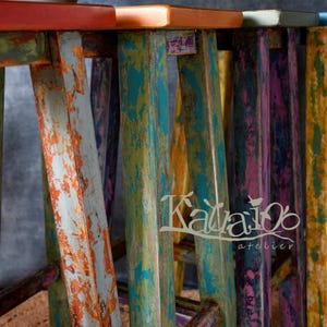 Solid Wood Bar Stool | Plant Stand | Bedside / Lamp Table * Hand Painted Distressed Orange & Green
