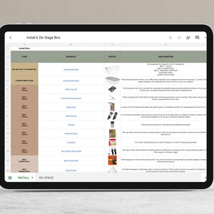 May include: A spreadsheet listing products with corresponding photos and descriptions. The spreadsheet is titled "Install & De-Stage Bins" and is divided into categories such as "Tools", "Essentials", and "Install".