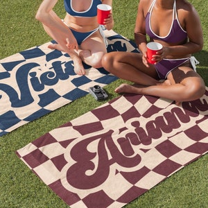 Personalized Retro Checkerboard Beach Towel, Custom Checkered Pool Towel, Monogram Summer Vacation Towel, Y2K Trendy Girls Trip Gift