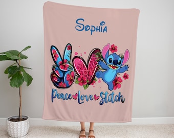 Peace Love Stitch Blanket, Disney Blanket, Custom Name Blanket, Christmas Gift, Stitch Blanket, Disney Trip Blanket, Birthday Gift,