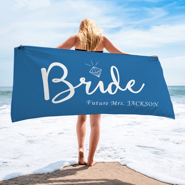 Custom Bride and Bridesmaid Beach Towels, Personalized  Beach Towel, Bachelorette Party Towel, Honeymoon Towel, Bride Squad Beach Towel