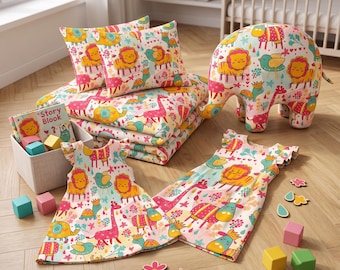 Colorful Safari Animal Fabric, Cartoon Lion Giraffe Nursery Print, Playful Kids Chiffon Sateen Material for Sewing by the Yard