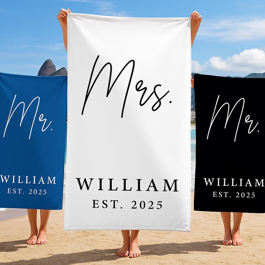 Custom Couple Beach Towel, Mr. and Mrs., Personalized Name Beach Towel, Wedding Gift, Honeymoon, Bachelorette Party, His & Her Newlywed Gift