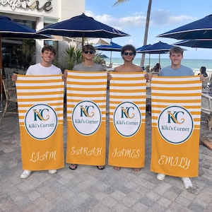 Personalized Team Beach Towel, Custom Logo Towel with Name and Number, Sports Team Gifts, Striped Swim Team Towel, Bridesmaid Trip Gift