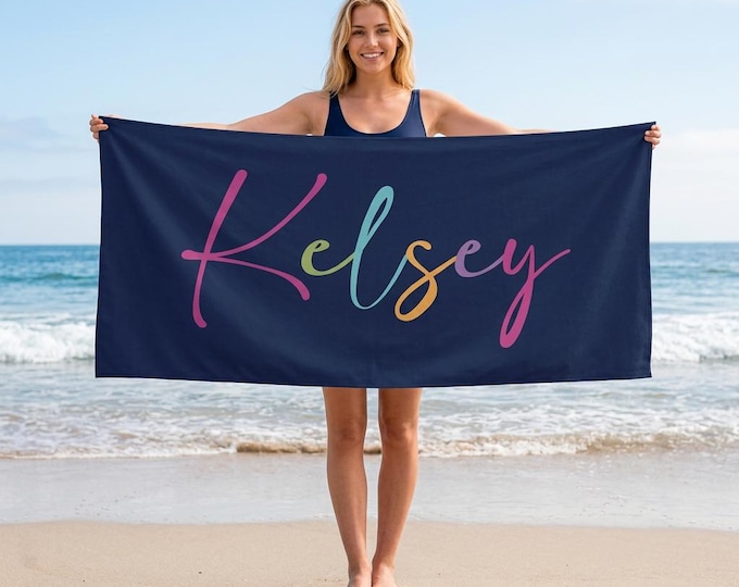 Colorful Custom Name Beach Towel, Personalized Navy Blue Pool Towel, Bachelorette Party Favor, Bridesmaid Gift, Custom Summer Girls Trip