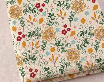 Retro Folk Art Floral Fabric, Mustard Yellow and Red Botanical Print on Cream Background for Quilting, Sewing & Home Decor Projects