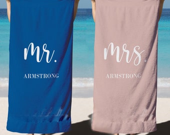Custom Mr. and Mrs. Beach Towel, Personalized Couples Towel, Just Married Bride Gift, Wedding Gift, Honeymoon Gift, Bachelorette Party Towel