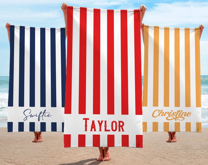 Striped Beach Towel, Vertical Lines Printed Custom Beach Towel, Custom Name Beach Towel, Personalized Gift, Honeymoon Gift, Customized Gift