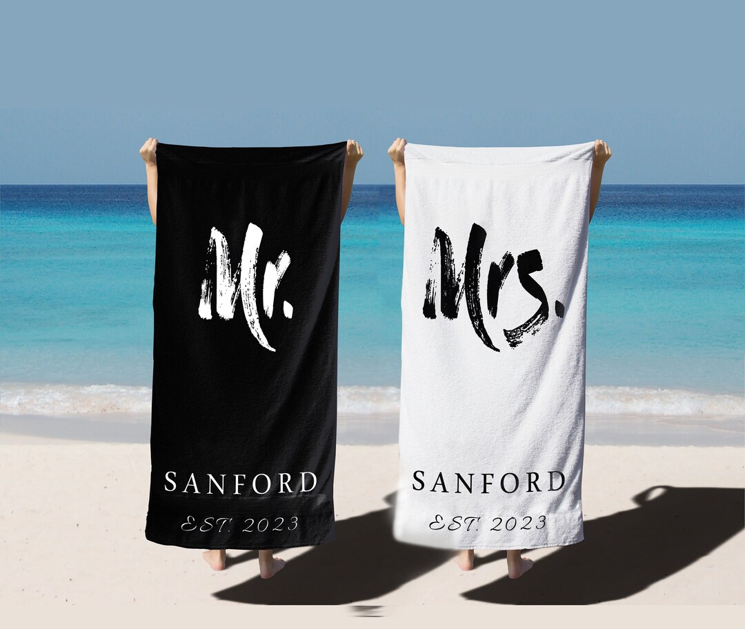 Custom Couple Mr. and Mrs. Beach Towel, Personalized Couples Name Towel