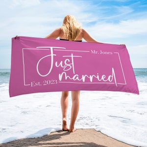 Custom Just Married Mr. and Mrs. Beach Towel, Custom Just Married Name Towel, Personalized Name Towel, Honeymoon Gift, Bachelorette Party