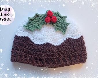 Gorro de crochet de pudín navideño: accesorio fotográfico festivo, tallas para bebés, niños y adultos.