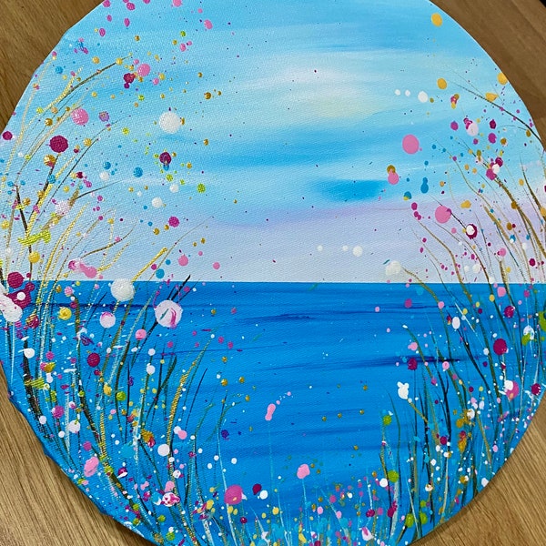 Round hand painted canvas sea scape 30cm diameter