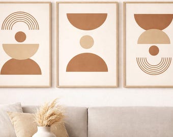 Conjunto de 3 láminas imprimibles estilo boho, decoración abstracta en tonos neutros, diseño geométrico minimalista en color beige, descarga digital.