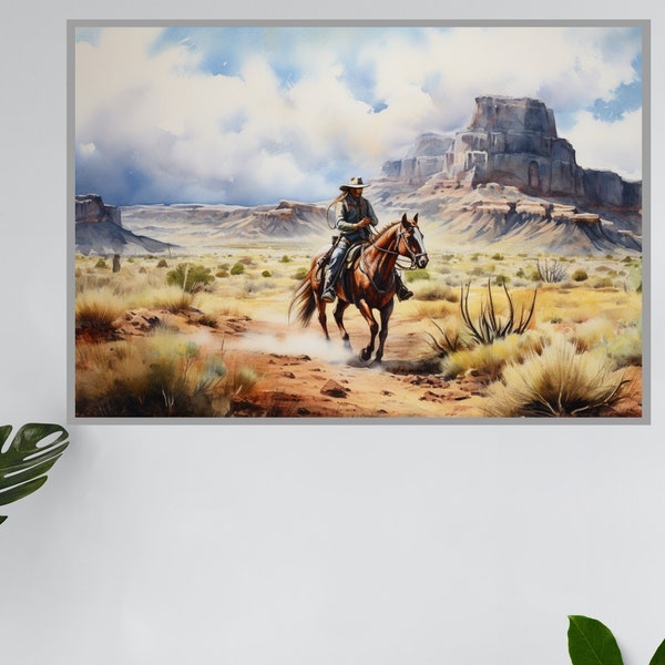 Wild West Cowboy Galopp Poster - Wasserfarben Kunst für Ihr Zuhause | Wilder Westen | Wanddeko | Wandposter