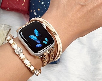 Leopard Diamond Apple Watch Band Braided Woven Watch Strap Jewelry Diamond for iWatch Bracelet Boho Strap Watch Wrist Women Handmade Gift