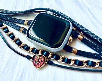 Apple Watch Band Black Pink White Braided Heart Stone Watch 