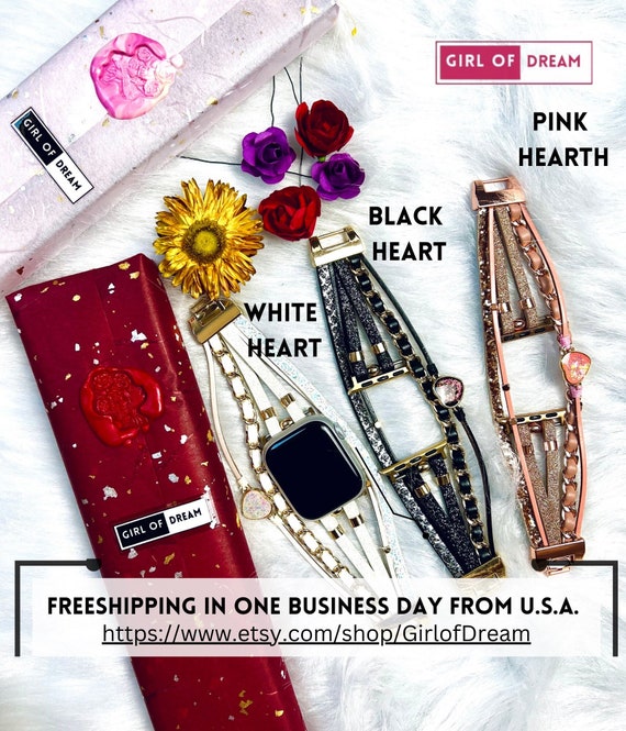 NEW Boho leather Apple Watch Band with Heart Apple Watch Band Black Pink White Braided Heart Stone Watch  main image 4