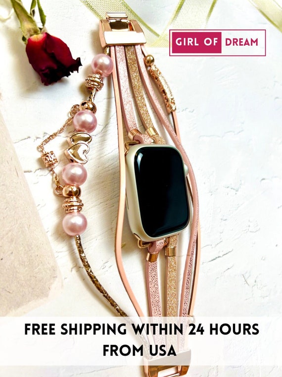 NEW Pink Boho Leather Beaded Apple iwatch Band Beaded Watch Band / Compatible With Apple / 38mm 40mm 41mm  main image 4