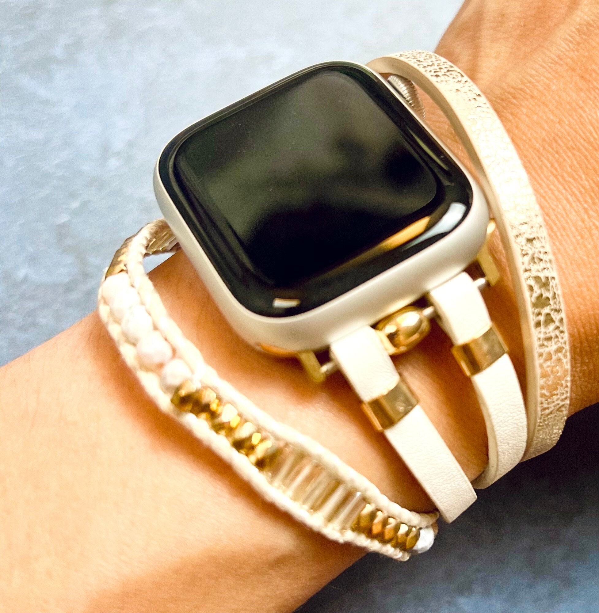 NEW White Beaded Boho Apple Watch Band V-MORO Beaded Boho Bracelet Compatible for Apple Watch Band  main image 2