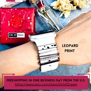 Charm para Apple Watch con estampado de leopardo, caja de joyería portátil, correa para iWatch, charms de metal, adorno de diamante, correa de silicona para reloj inteligente, accesorios