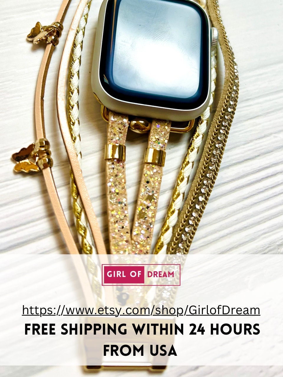 NEW Gold Butterfly Boho Apple Watch Band Butterfly Apple Watch Band Gold Braided Watch Woven Strap  main image 2