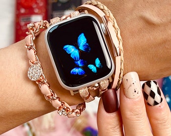 Rose Golden Apple Watch Band Geflochtene Gewebte Uhrenarmband Schmuck Diamant für iWatch Armband Boho Strap Apple Watch Handgelenk Frauen Handgemachtes Geschenk