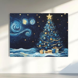 Van Gogh-Inspired Christmas Tree Canvas - Starry Night Holiday Wall Art - Festive Christmas Tree Decor with Blue and Gold Ornaments