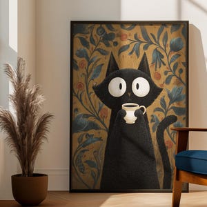 Tired Black Cat Coffee Poster - Funny Cat Wall Art, Cute Coffee Lover Gift, Cozy Kitchen and Office Decor