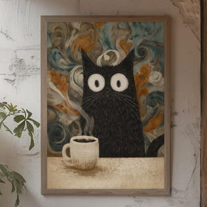 Black Cat Coffee Poster - Cute Tired Cat Wall Art, Cozy Coffee Lover Gift, Funny Animal Print, Kitchen and Office Decor