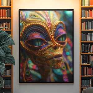 Psychedelic Alien Art Poster: Vibrant Sci-Fi Wall Decor