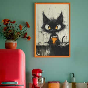 Black Cat Coffee Art Print: Quirky Feline Ink Drawing (Digital Download)