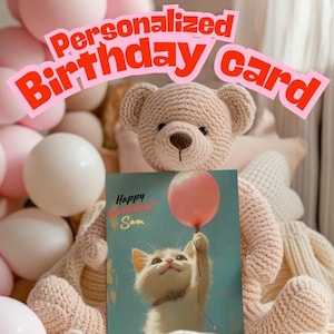 Tarjeta de cumpleaños de gato personalizada / Lindo gatito con globo / Tarjeta de felicitación con nombre personalizable / Tarjeta de cumpleaños única para amantes de los gatos