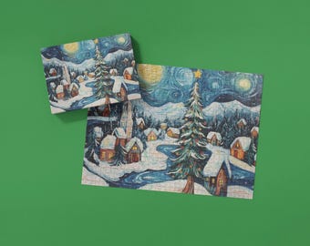 May include: A completed jigsaw puzzle and a smaller, completed puzzle, both featuring a winter village scene under a starry night sky. The scene includes snow-covered houses, a river, and a Christmas tree.