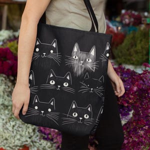 Cat Tote Bag: Black & White Cat Face Pattern, Eco-Friendly Polyester