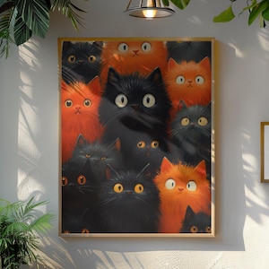 Fluffy Cats Art Print: Black and Orange Kittens Illustration (Digital Download)