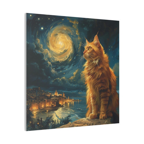 Cat Canva in the style of a painting of the great Vincent Van Gogh La Nuit étoilée (The Starry Night) "Starry Night Whiskers" chat Wall Art