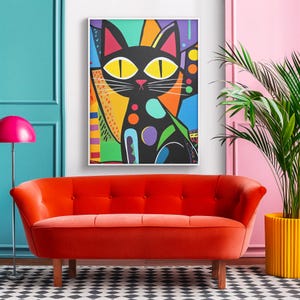 Abstract Black Cat Art Poster Colorful Geometric Cat Artwork with Vibrant Shapes Modern Wall Decor for Cat Lovers and Contemporary Art