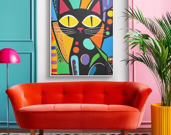 Abstract Black Cat Art Poster: Geometric Feline Wall Decor