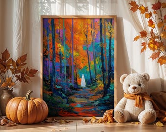 Póster de fantasmas de Halloween: Arte mural de un bosque otoñal espeluznante