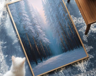 Puede incluir: Pintura enmarcada de un paisaje de bosque nevado en tonos azules y blancos. La obra de arte está sobre una alfombra con estampado azul y blanco. Un gato blanco está en primer plano.