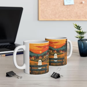 Whimsical Ghost Mug | Cute Ghost on a Bench Coffee Mug | Cozy Halloween Mug | 11oz / 15oz Ceramic Mug