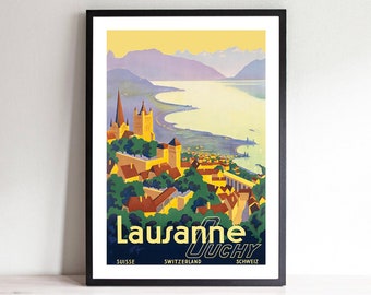 Lausanne Ouchy Suisse Vintage Travel Poster - Schweız Poster, Art Deco, Canvas Print, Gift Idea, Print Buy 2 Get 1 Free