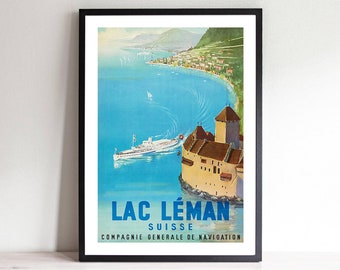 Lac Léman, Suisse vintage Travel Poster - Art Déco, Canvas Print, Gift Idea, Print Buy 2 Get 1 Free