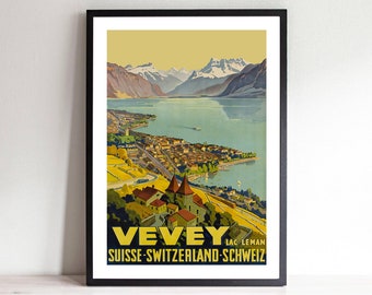 Vevey, Lac Leman Suisse, Switzerland Vintage Travel Poster - Art Deco, Canvas Print, Gift Idea, Print Buy 2 Get 1 Free