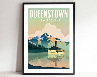 Queenstown, New Zealand Travel Poster - New Zealand Print, Art Deco, Canvas Print, Gift Idea, Print Buy 2 Get 1 Free