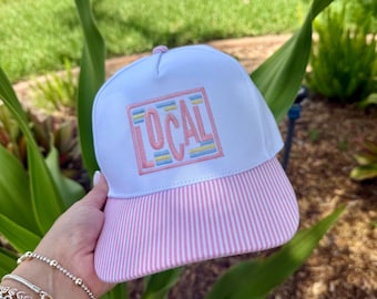 Local Trucker Hat Embroidered Baseball Cap pink  Stripe Seersucker Style Snapback Personalized