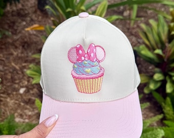 Minnie Birthday Inspired Disney Trucker Hat pastel Embroidered Baseball Cap Style Snapback Cupcake Mouse snacks Theme pink blue yellow
