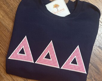 Gingham Greek Letter Sweatshirt / Custom Sorority Crewneck / Gingham Collection / Phi Mu merch / Big Little gift / Embroidered Applique